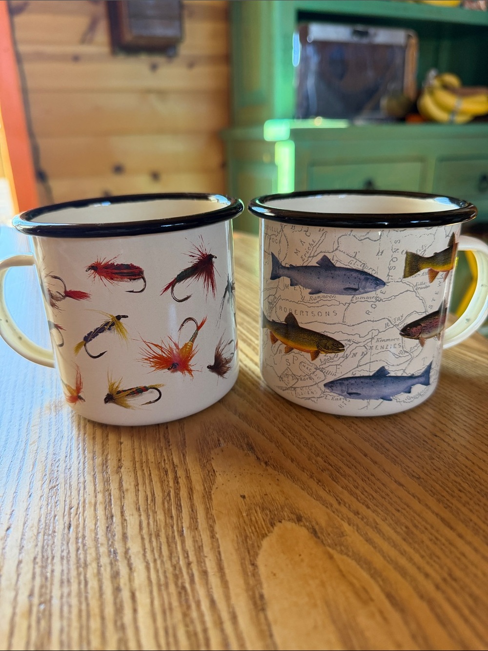 Cream Fishing Fly & Fish Print Enamel Mug - Pair gentlemen’s Hardware brand.